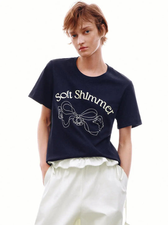 Soft Shimmer Bow Graphic Crew Neck T-Shirts