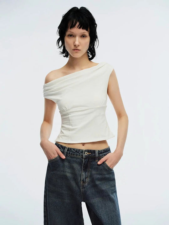 Cotton Elastane Draped One-Shoulder Silky T-Shirts