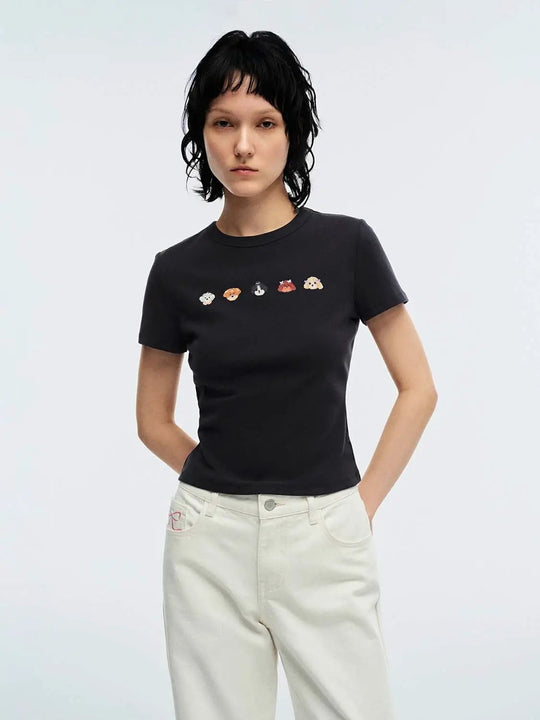 Cotton Blend Dog Face Embroidered T Shirt