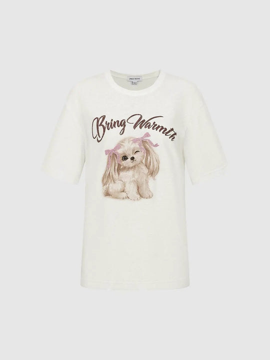 Soft Cotton Blend Dog Illustration Crew Neck T-Shirts