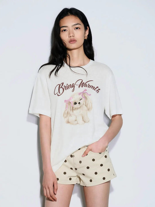 Soft Cotton Blend Dog Illustration Crew Neck T-Shirt