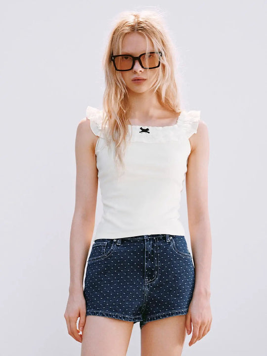 Cotton Ruffle Neckline Sleeveless T-Shirt