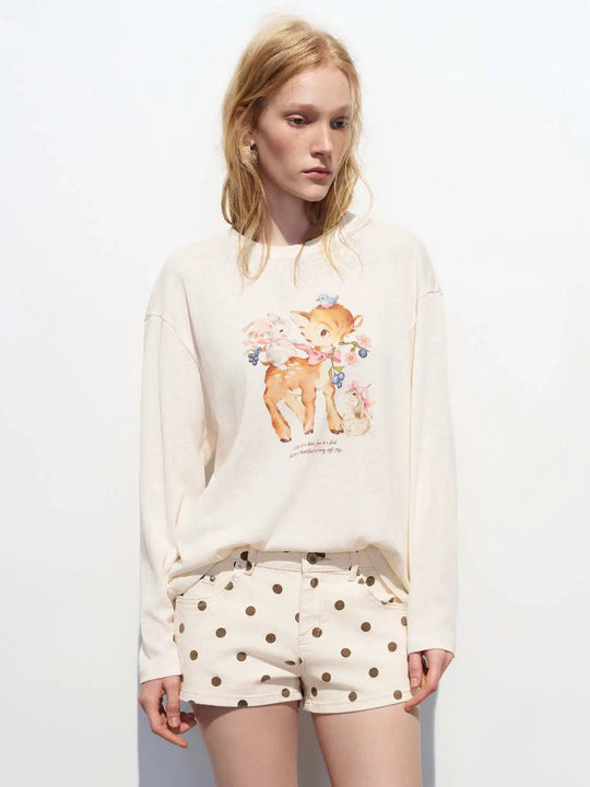 Oversized Graphic Deer Print Cotton Blend T-shirt