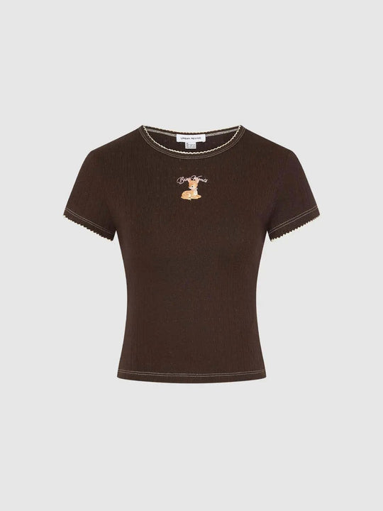 Cotton Embroidered Bear Motif With Fine Ribbed Trim And Contrast Stitching T-Shirt