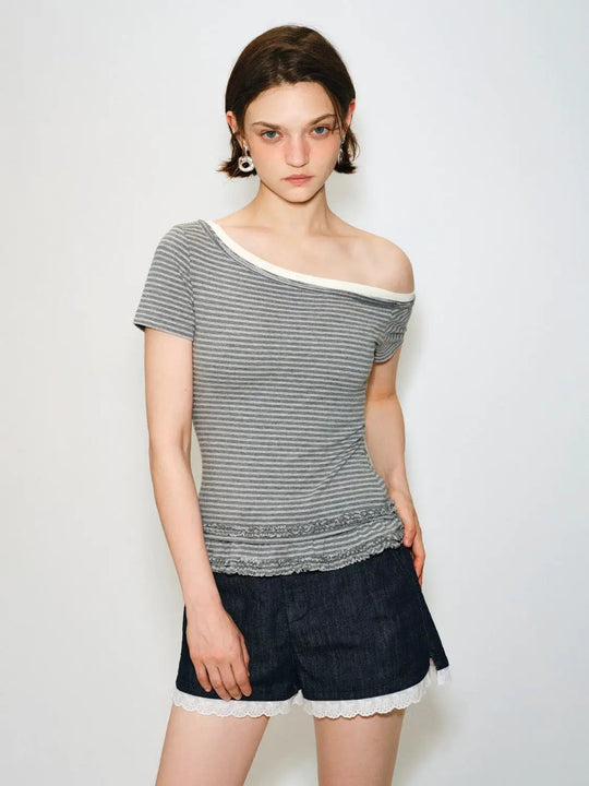 Off Shoulder Striped Cotton Lace Hem T-shirt
