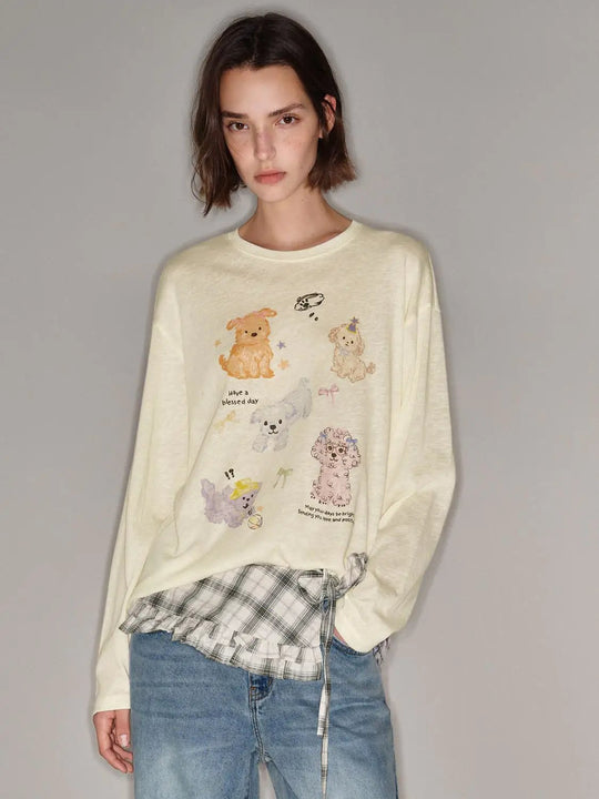 Dog Print Long Sleeve Plaid Hem Cotton T-shirt