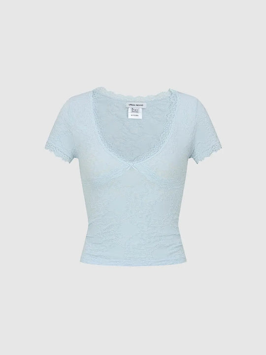 Allover Lace V-neck Short Sleeve Modal Blouse