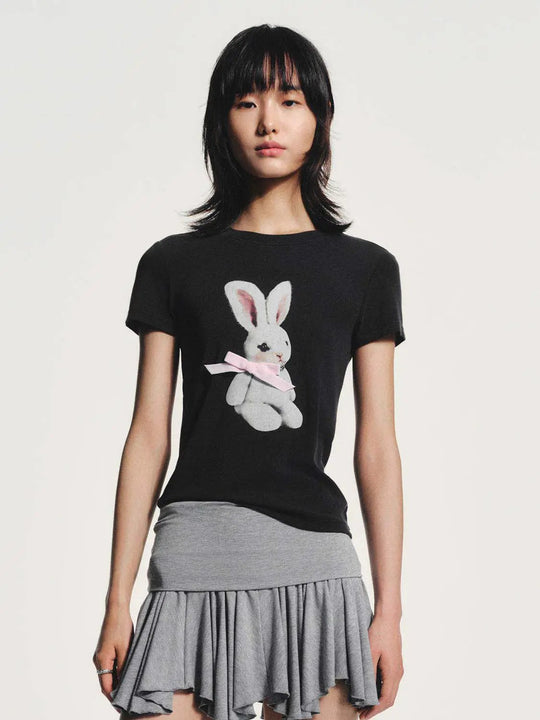 Bunny Graphic With Ribbon Detail And Subtle Texture On Medium Thickness Slight Stretch T-Shirts
