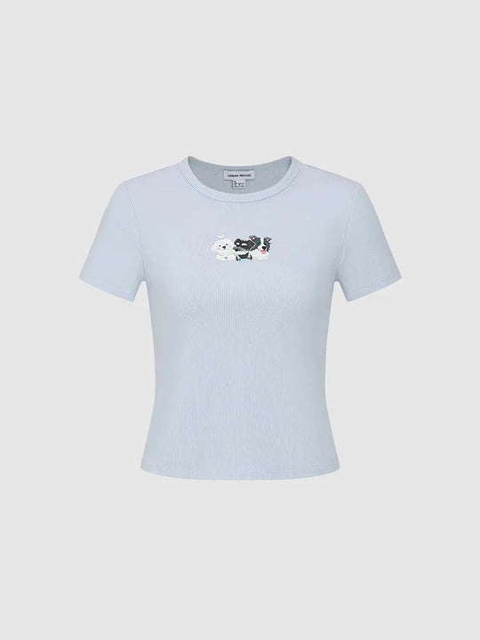 Cotton Embroidered Dog Motif T-Shirt