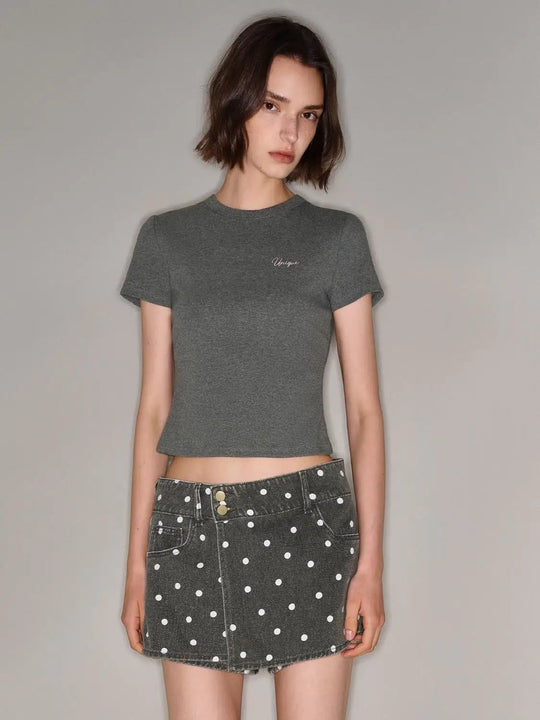 Round Neck Embroidered Stretch Cotton Texture T-Shirt