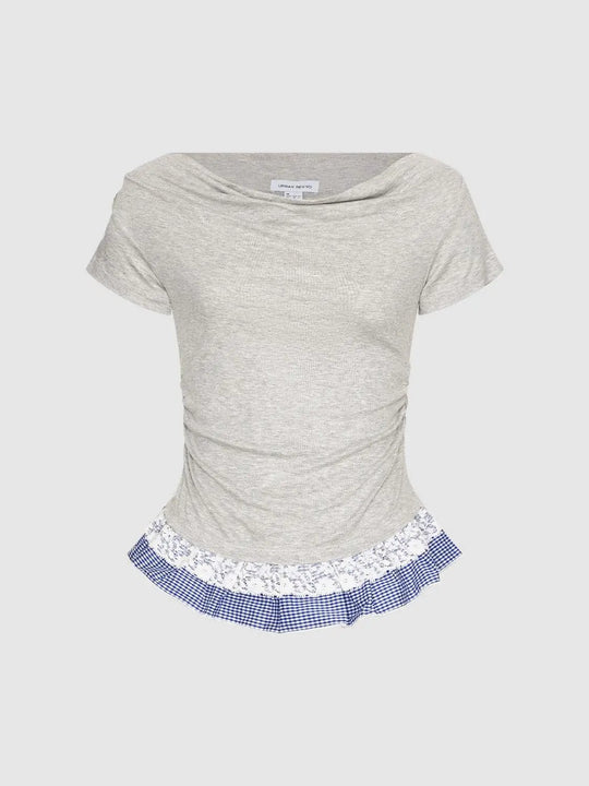 Check Print Lace Trim T-shirt