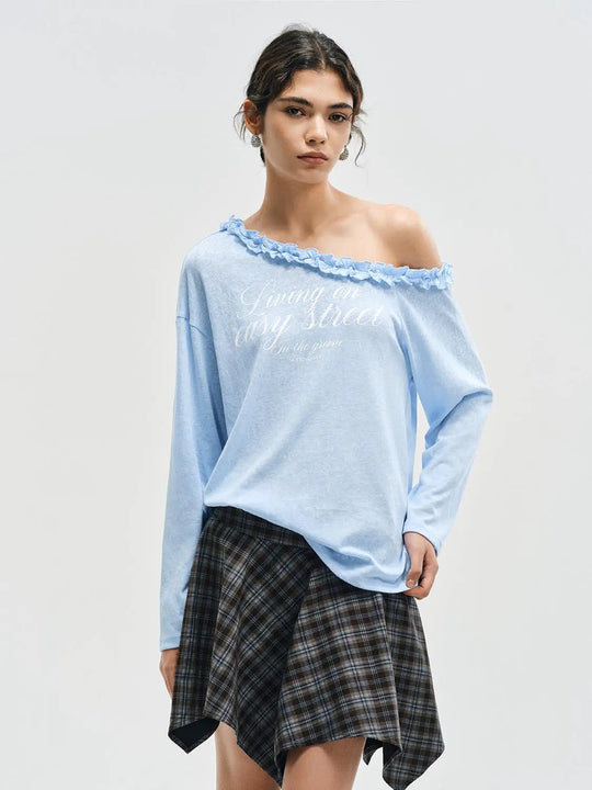 Ruffle Neckline Printed Cotton Blend Long Sleeve T-Shirt