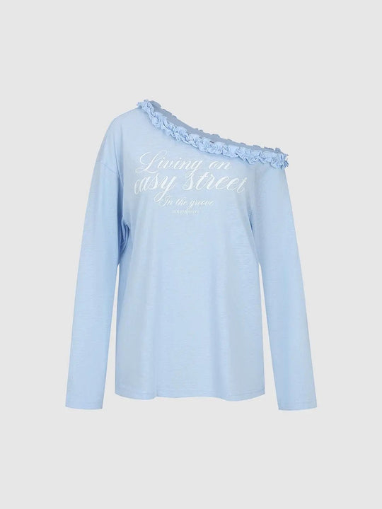 Ruffle Neckline Printed Cotton Blend Long Sleeve T-Shirt