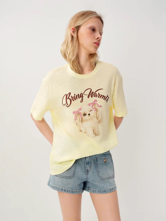 Pastel Yellow Graphic Print Cotton Blend T-shirt