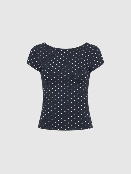 Polka Dot Fitted Boat Neck Short Sleeve Cotton T-Shirt
