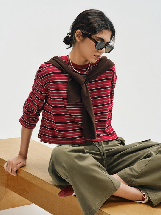 Striped Crew Neck Long Sleeve Cotton Blend T-Shirt