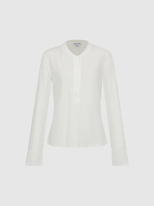 Button Front V-Neck Long Sleeve Cotton Blend T-shirt