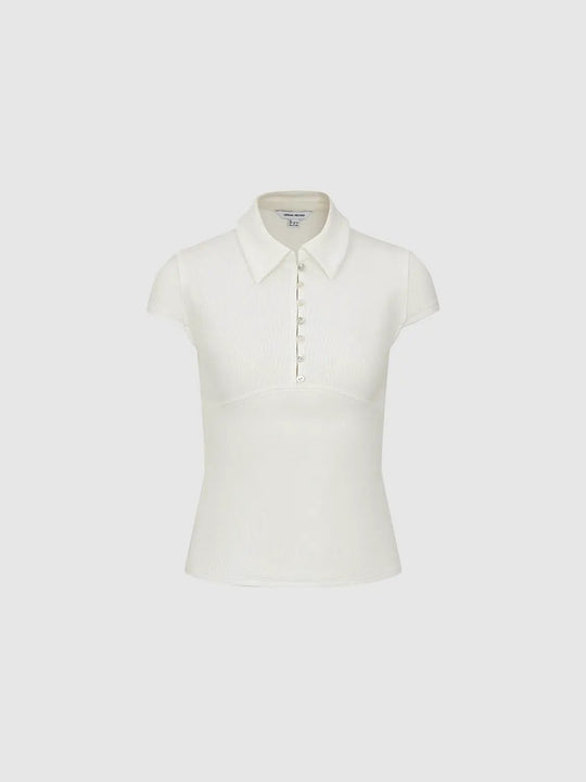 Ribbed Button Fitted Cotton Short Sleeve Polo Shirt
