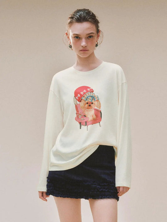 Graphic Print Long Sleeve Oversized Cotton Blend T-Shirt
