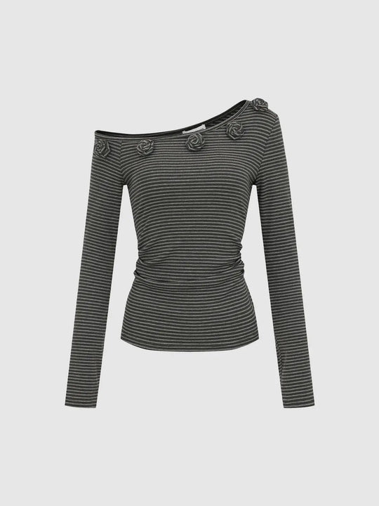 One-Shoulder Striped Knit Top Rosette Embellishments T-shirt