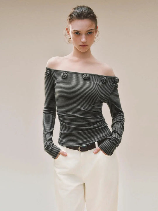 One-Shoulder Striped Knit Top Rosette Embellishments T-shirt