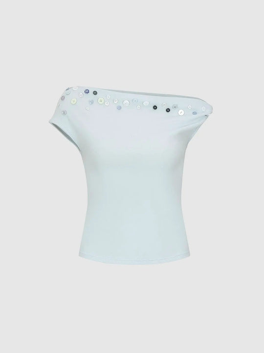 Button Detail Off Shoulder T-shirt