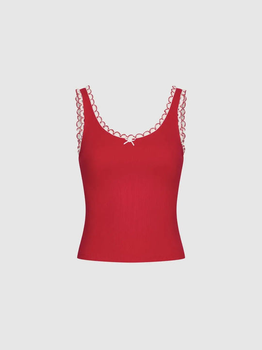 Ribbed Cotton Tank Top With Scalloped Trim
