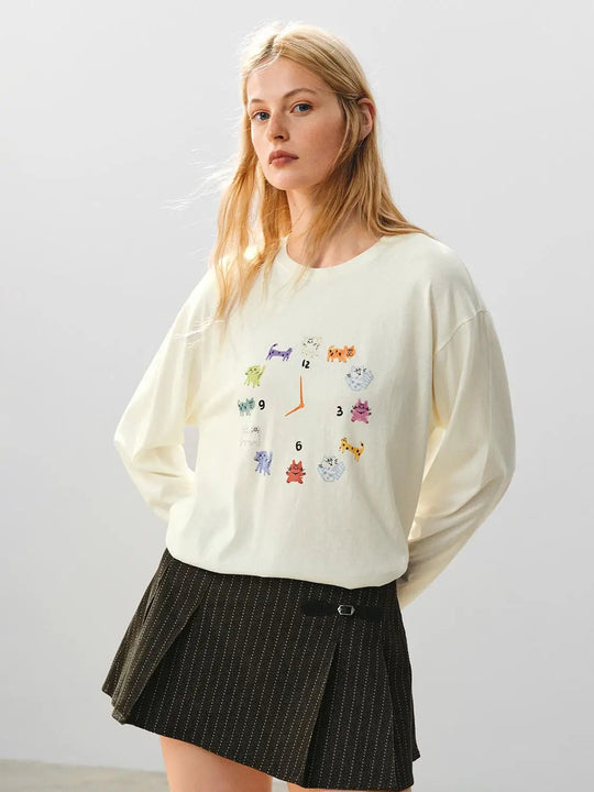 Langarm-T-Shirt aus Baumwollmischung mit Katzenmotiv und Rundhalsausschnitt