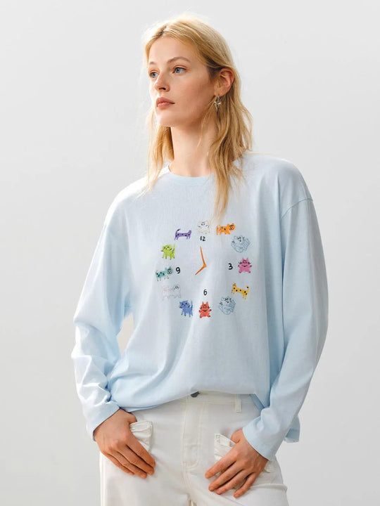 Langarm-T-Shirt aus Baumwollmischung mit Katzen-Uhr-Motiv