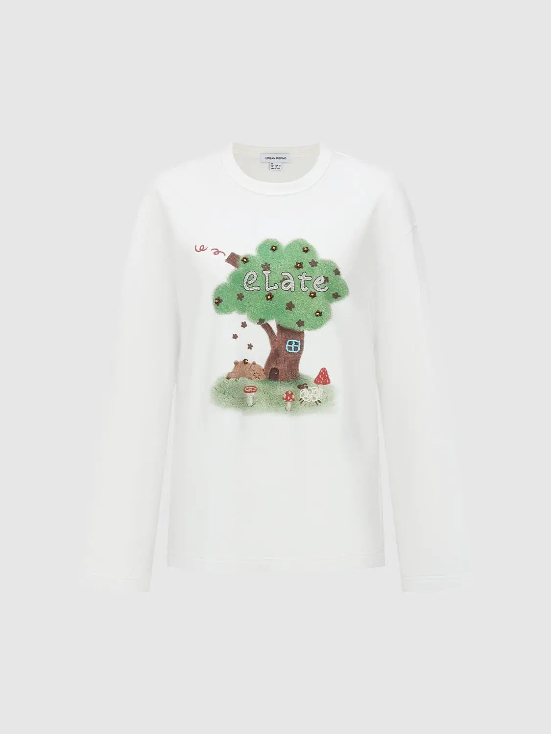 T-shirt white long-sleeve with a green tree graphic and small house details; Urban Revivo Fashion label visible