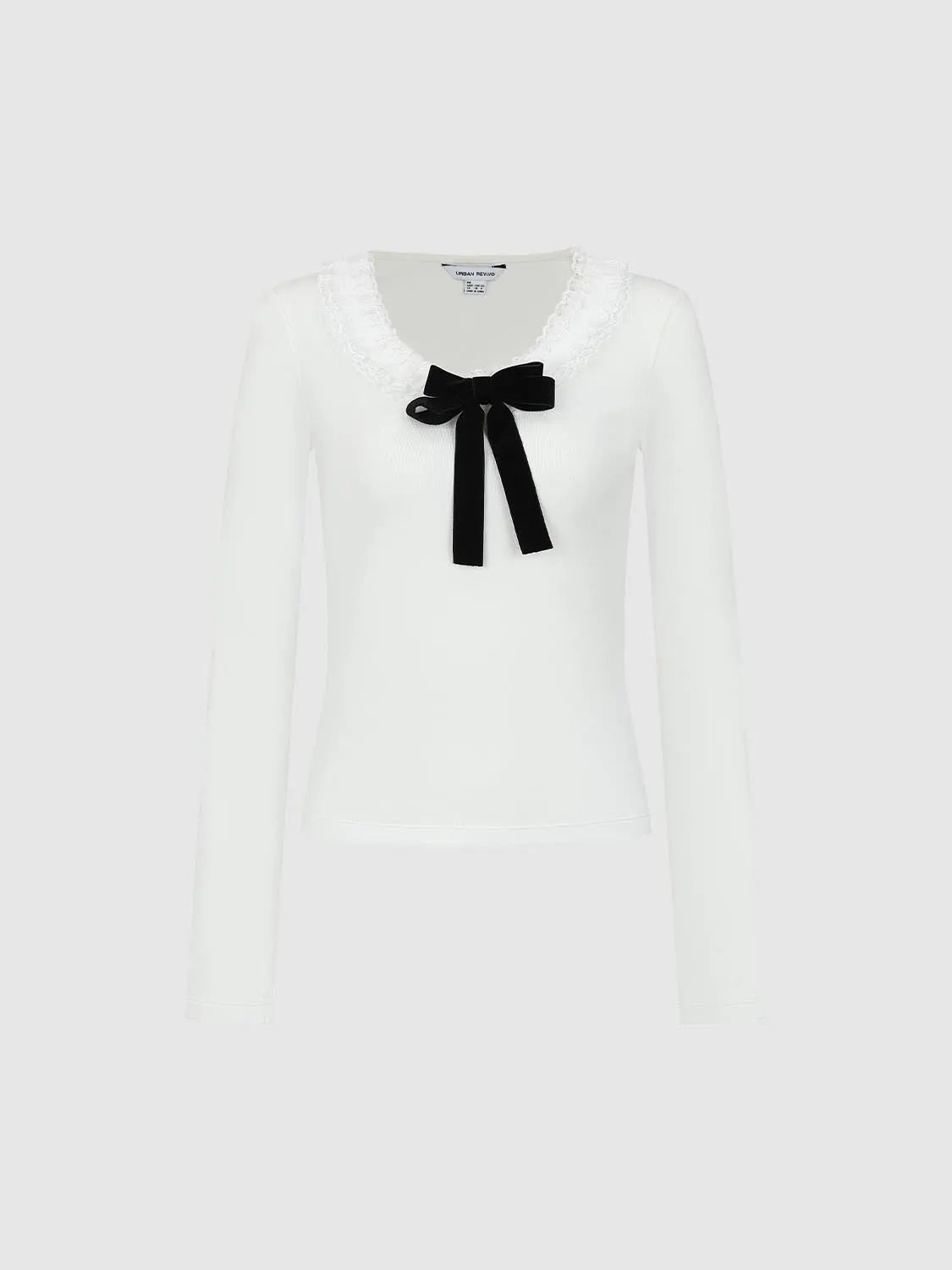 Urban Revivo white T-shirt with lace-trim neckline and black bow