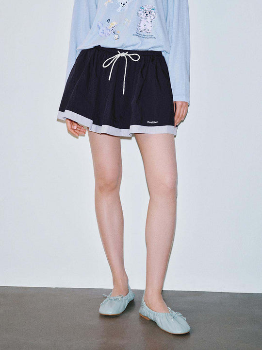 Contrast Hem Drawstring Pleated Mini Skirts