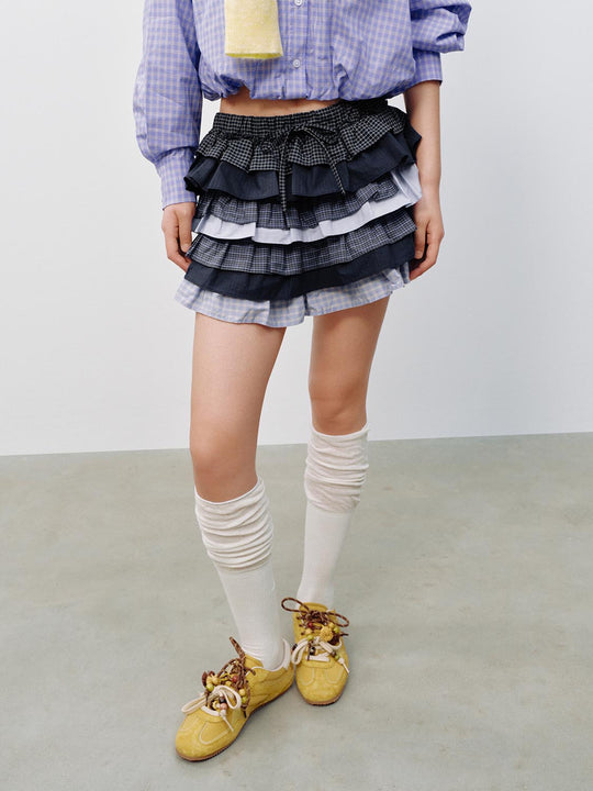 Drawstring Contrast Check Tiered Ruffle A-Line Mini Skirts