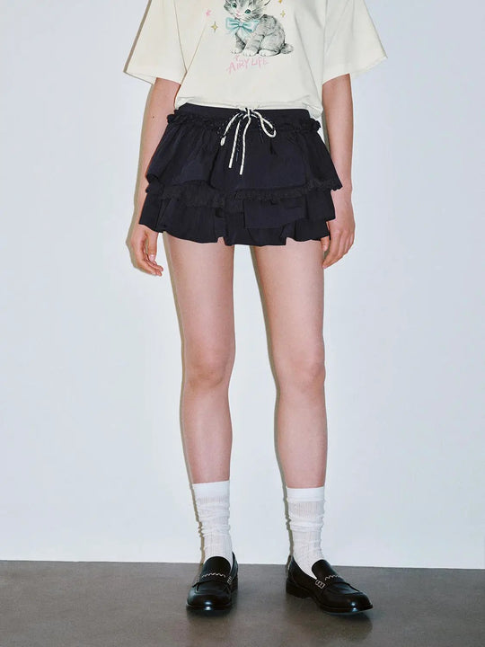 Cotton Blend Tiered Pleated Drawstring Mini Skirt