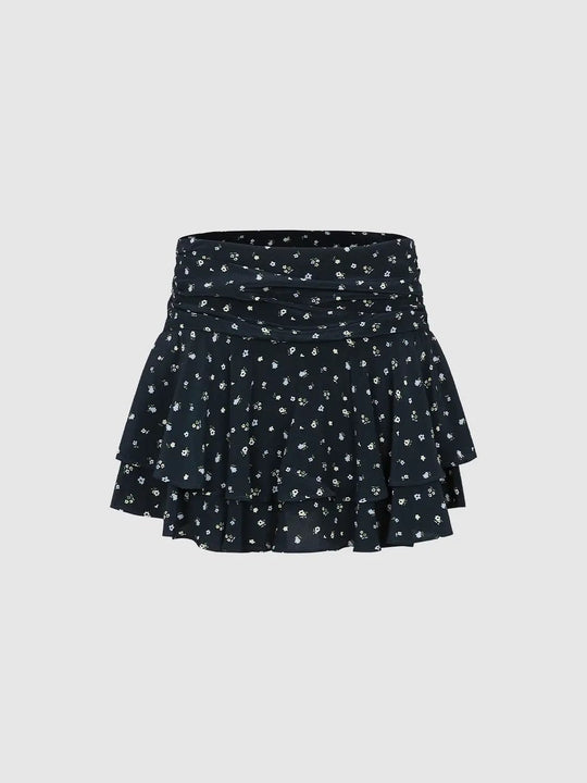 Floral Viscose Wrap Mini Skirts With Ruffle Layers