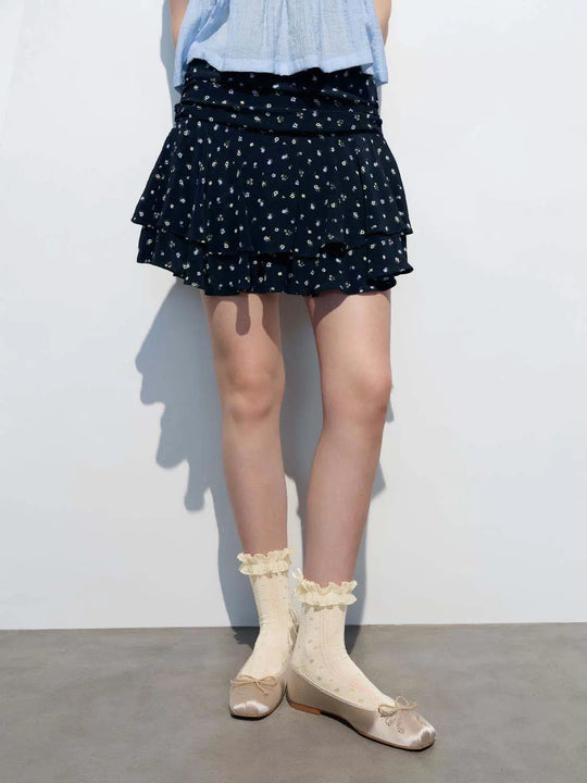 Floral Viscose Wrap Mini Skirt With Ruffle Layers