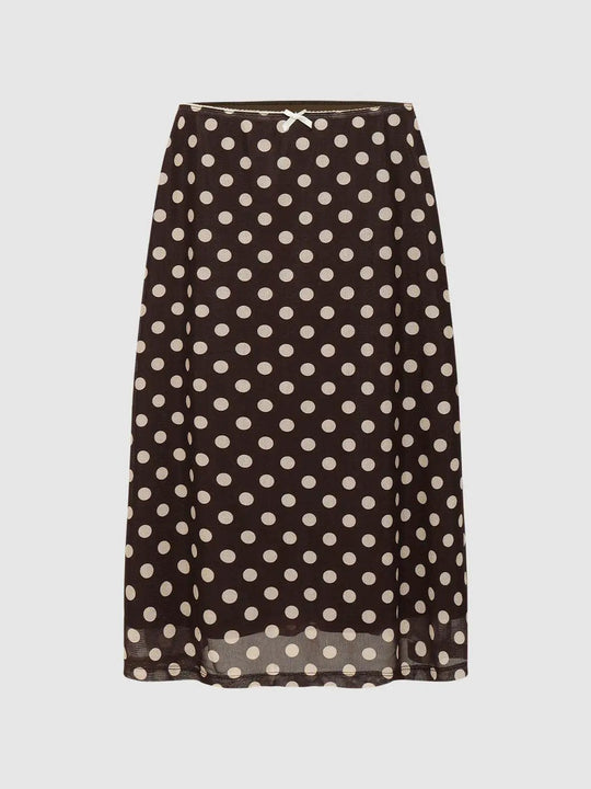 Polka Dot A-line Midi Sheer Hem Soft Draped Skirt