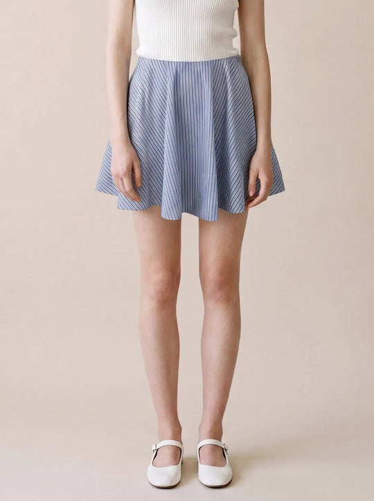 Cotton Lightweight Striped Pleated A-Line Mini Skirt