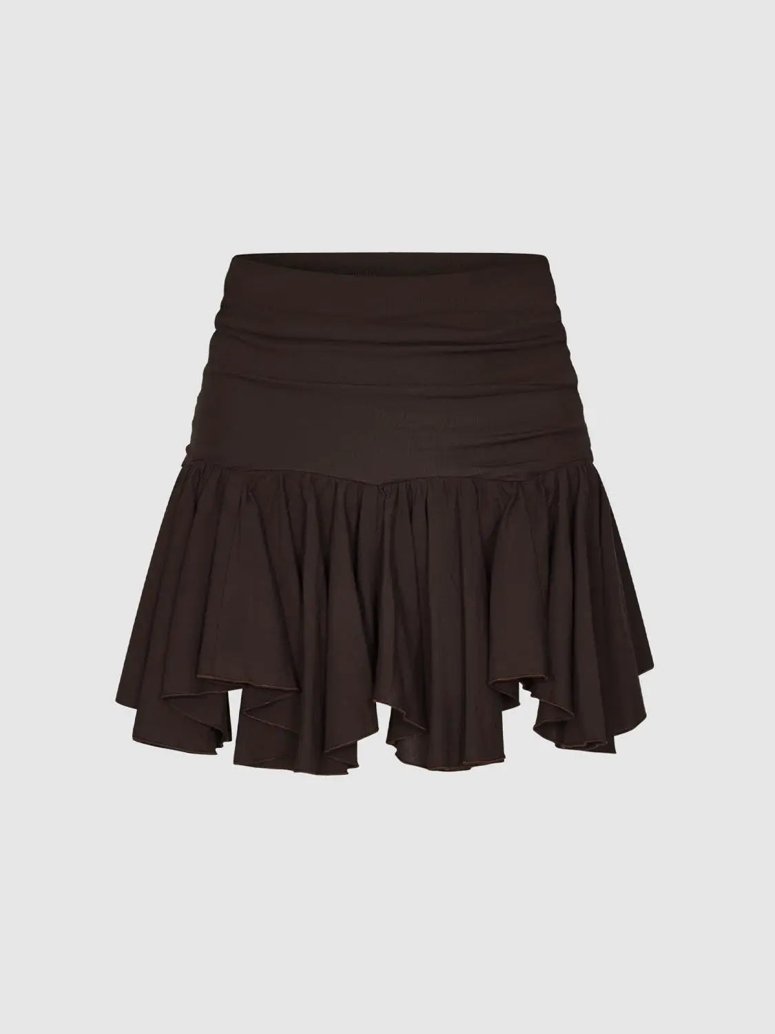 A-Line Skirt by Urban Revivo Fashion; brown, ruched waistband with tiered ruffle hem.