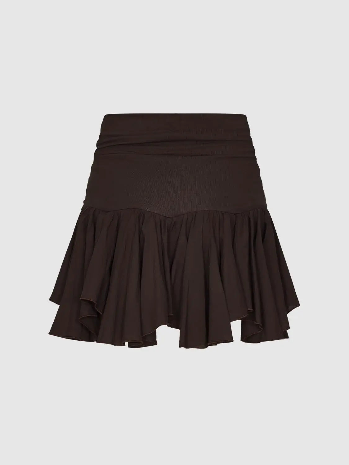 A-Line Skirt in dark brown with a ruffled, layered hem.