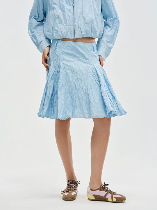 Crinkled Textured A-Line Cotton Blend Midi Skirt