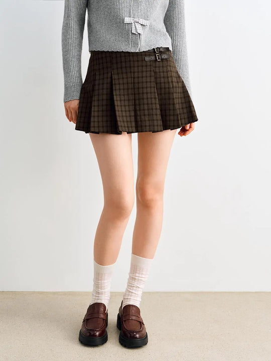 Checked Pleated High-Waisted A-Line Belt Detail Skirt