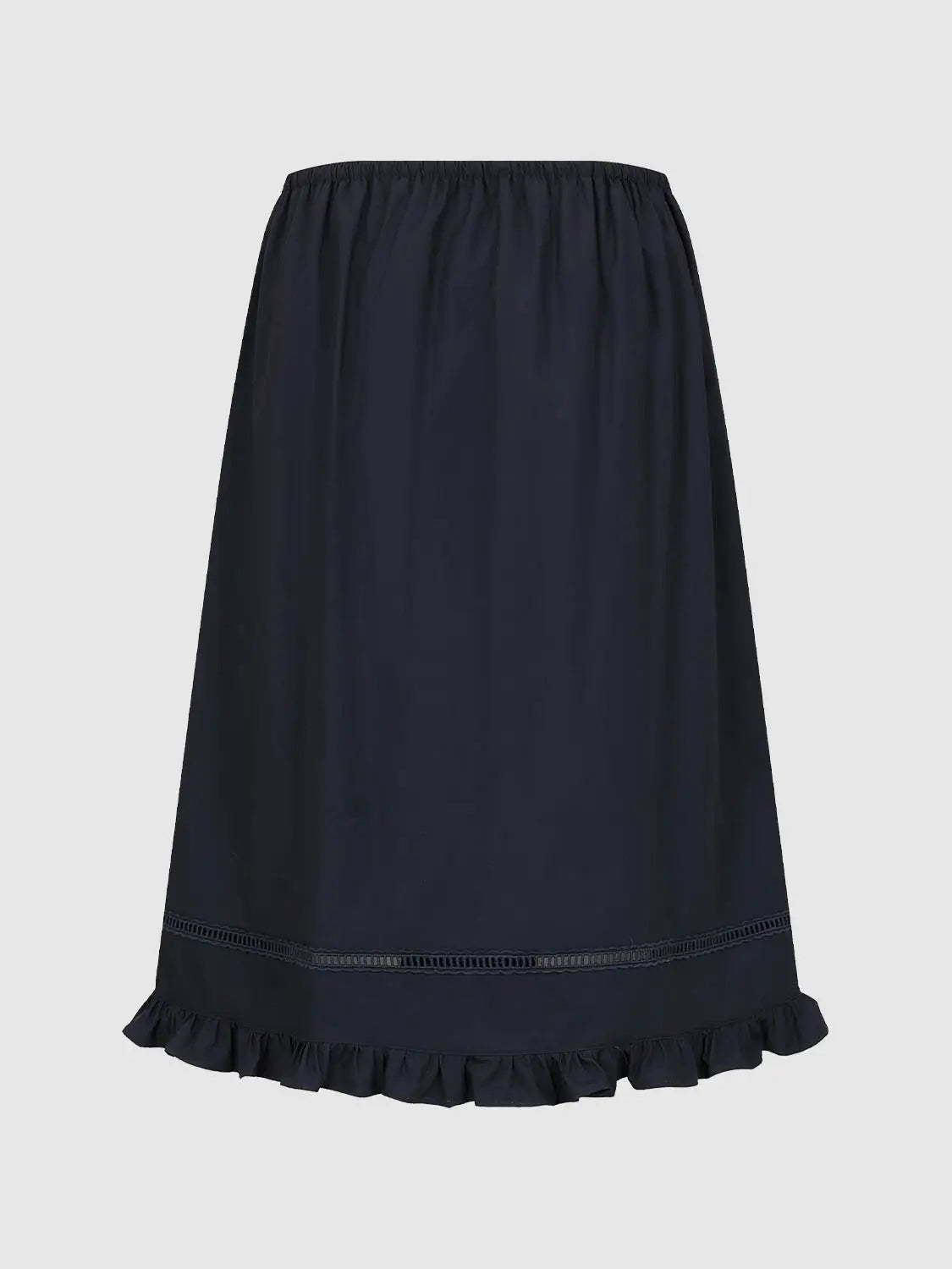 A-line navy skirt with elastic waist, decorative trim and ruffled hem.