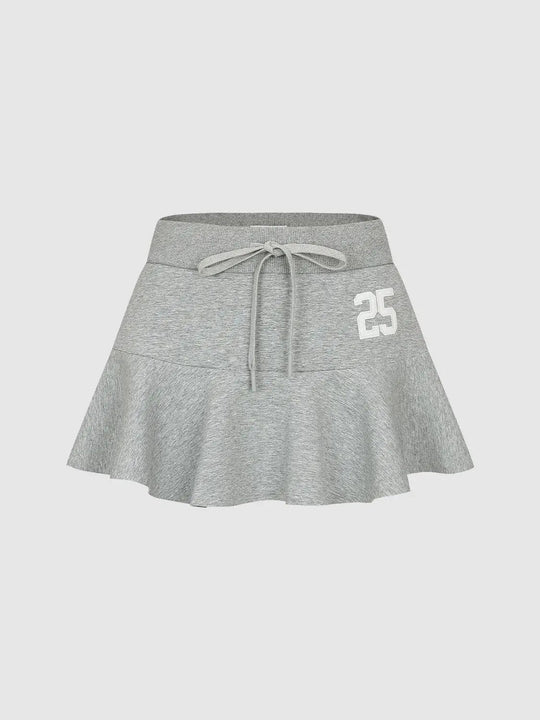 Number Print Ruffled Hem A-Line Drawstring Mini Cotton Skirt