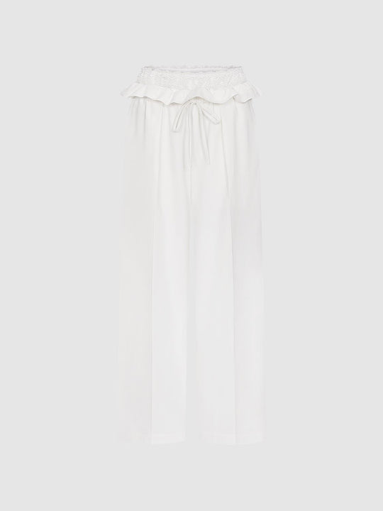 Ruffle Trim Drawstring Pull On Wide Leg Pants