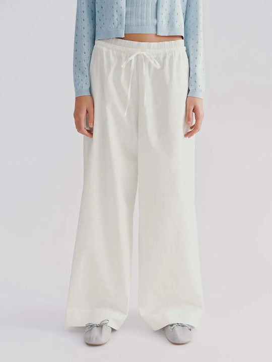 Cotton Blend Lightweight Drawstring Wide Leg Pants