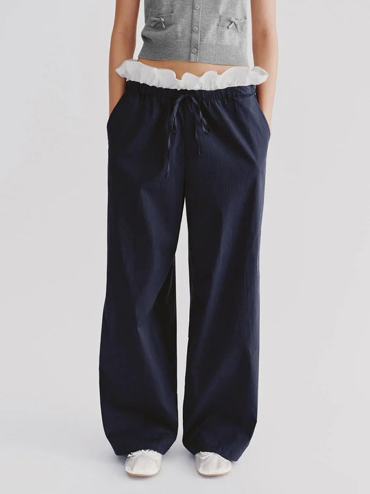 Ruffle Hem Drawstring Wide Leg Pants Pull On With Slight Stretch