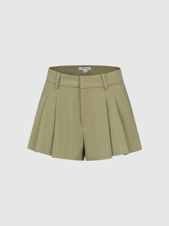 Pleated High-waisted Cotton Belted Shorts