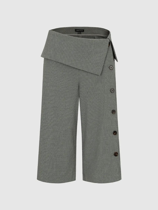 Checked Wrap Front Wide-leg Button Details Pants