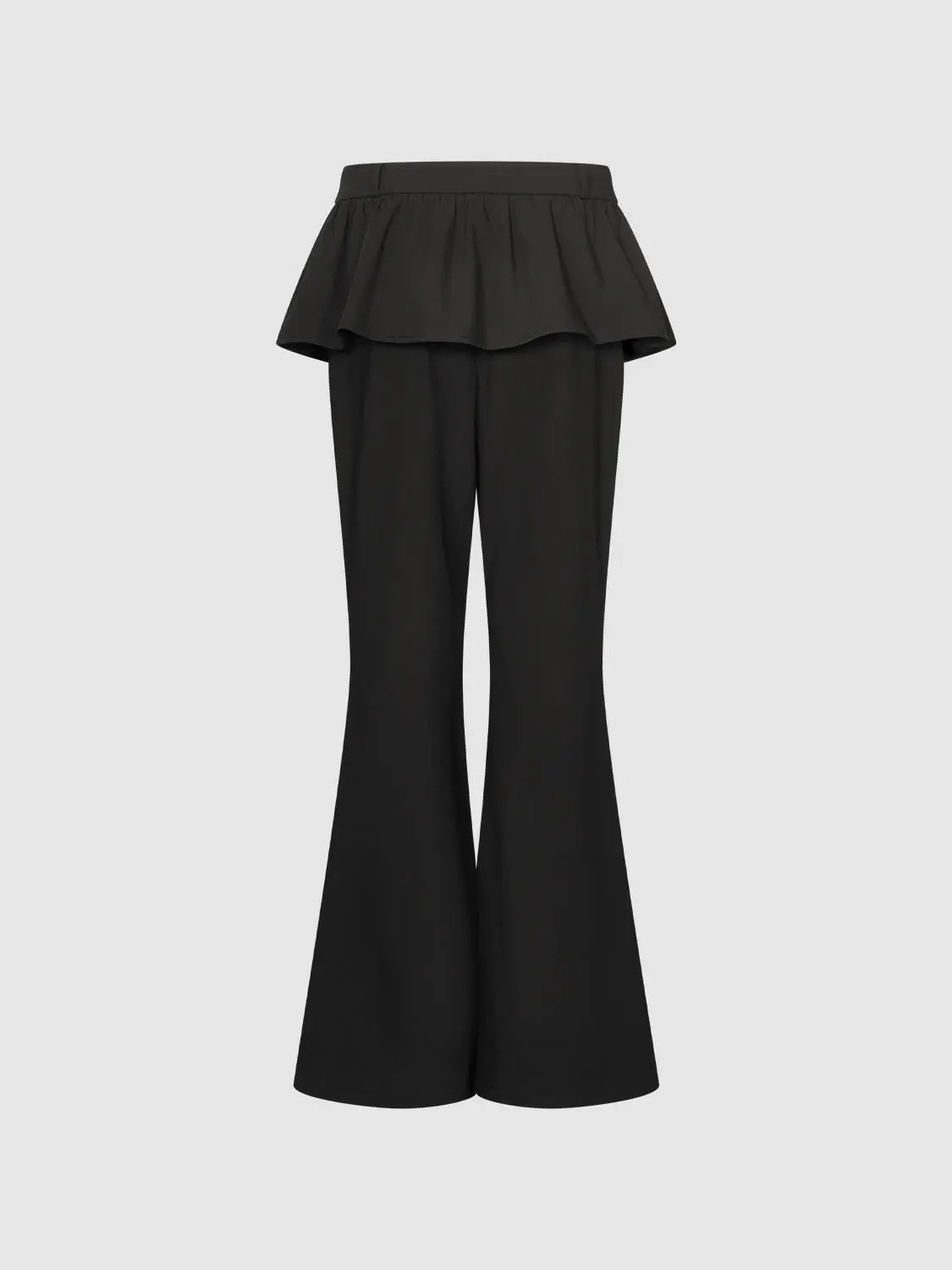 Flare-leg pants in black with a waist peplum overlay and wide legs.